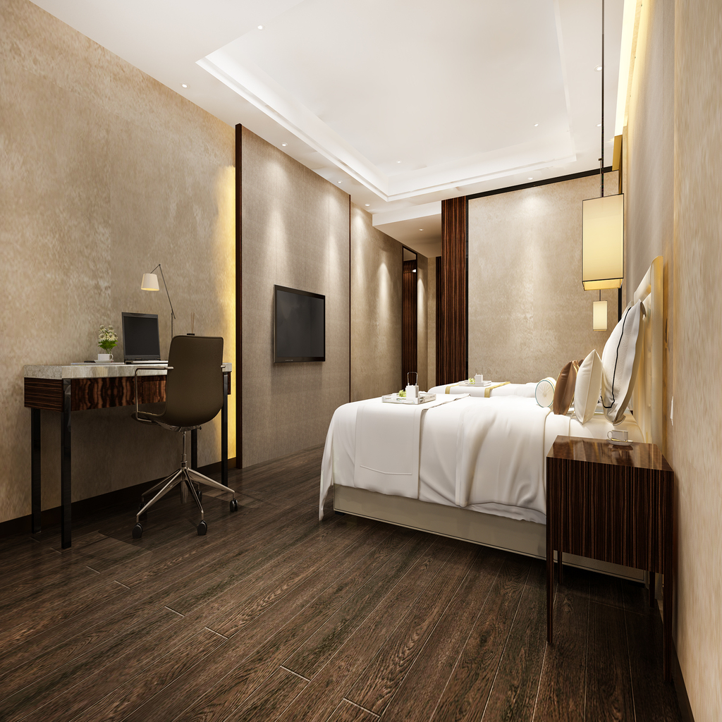d rendering beautiful luxury bedroom suite in hotel with tv and working table