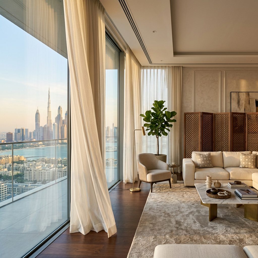 Net and blackout curtains in a Dubai bedroom